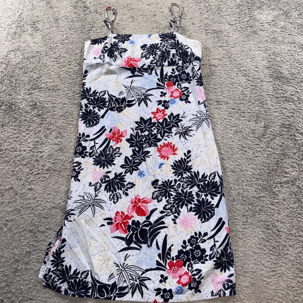 Roxy Floral Linen Blend Midi Dress Large Blue Pink Tropical Batik Sundress L